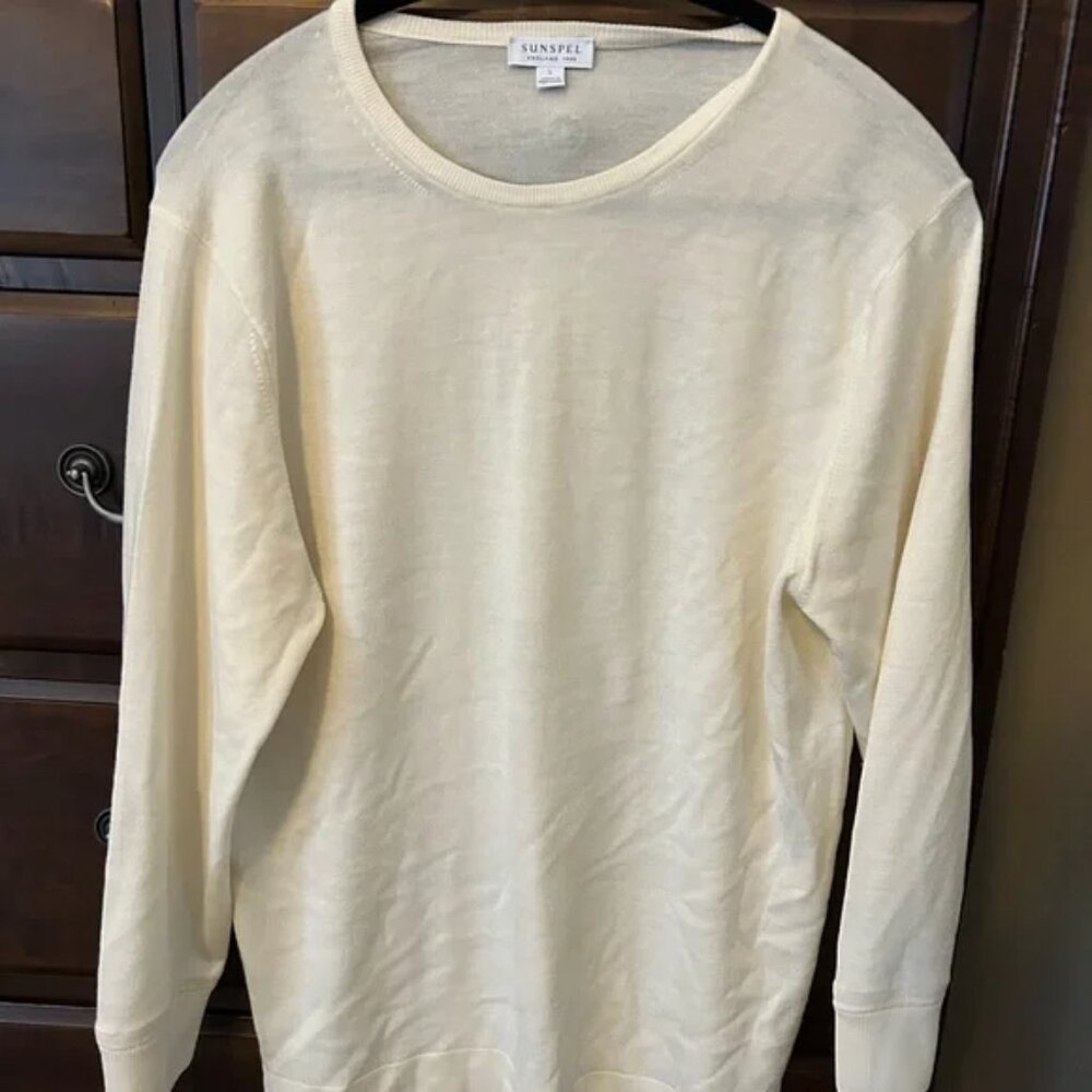 Sunspel Ecru Off White Crewneck Sweater - Size Small S, 100% Wool